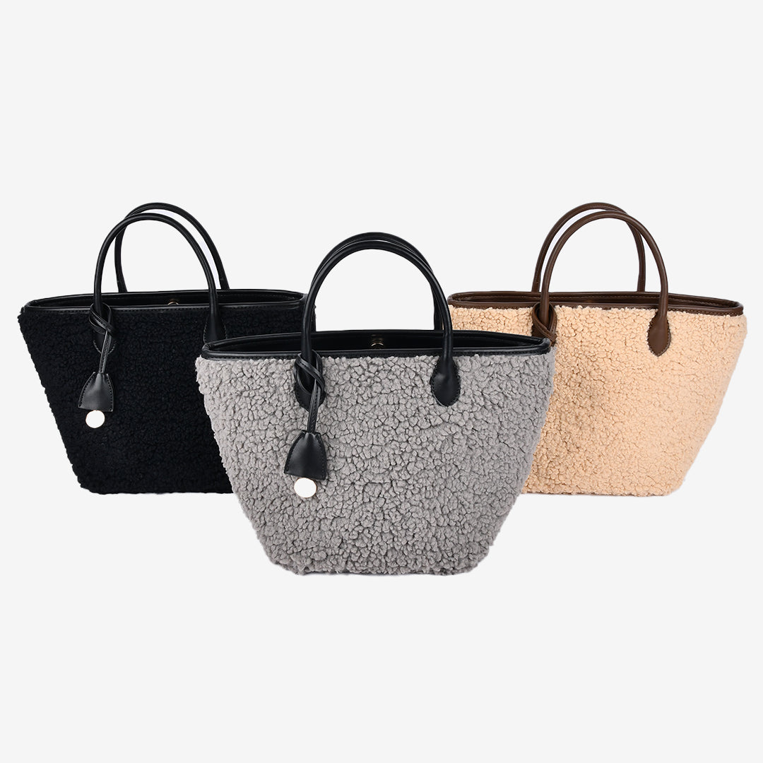 ボア素材のボストンバッグ3色 ブラック・グレー・ベージュのカラーバリエーション