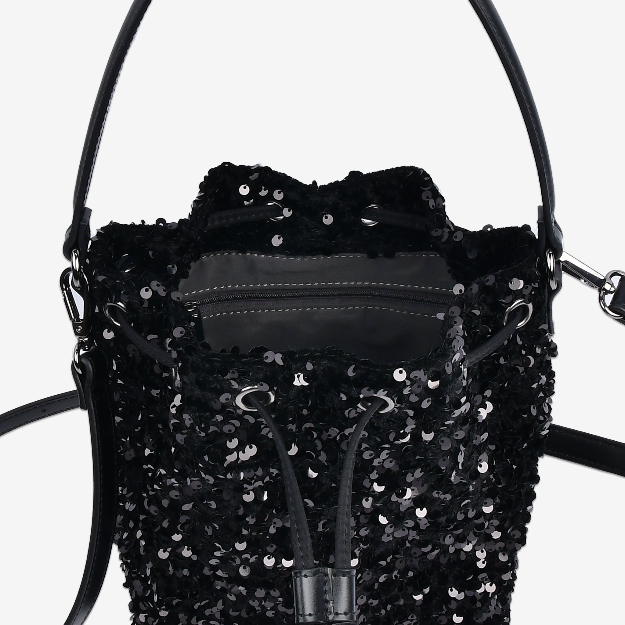 黒スパンコール巾着バッグ 内側ファスナーポケット付き