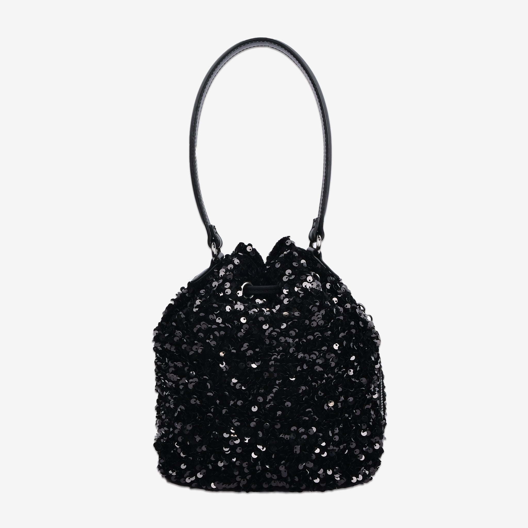 黒スパンコール巾着バッグ 背面ビュー 持ち手付き