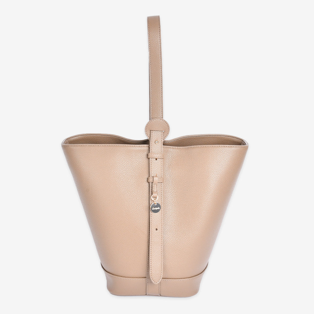 トープの本革巾着ボストンバッグ ワンハンドルバッグ