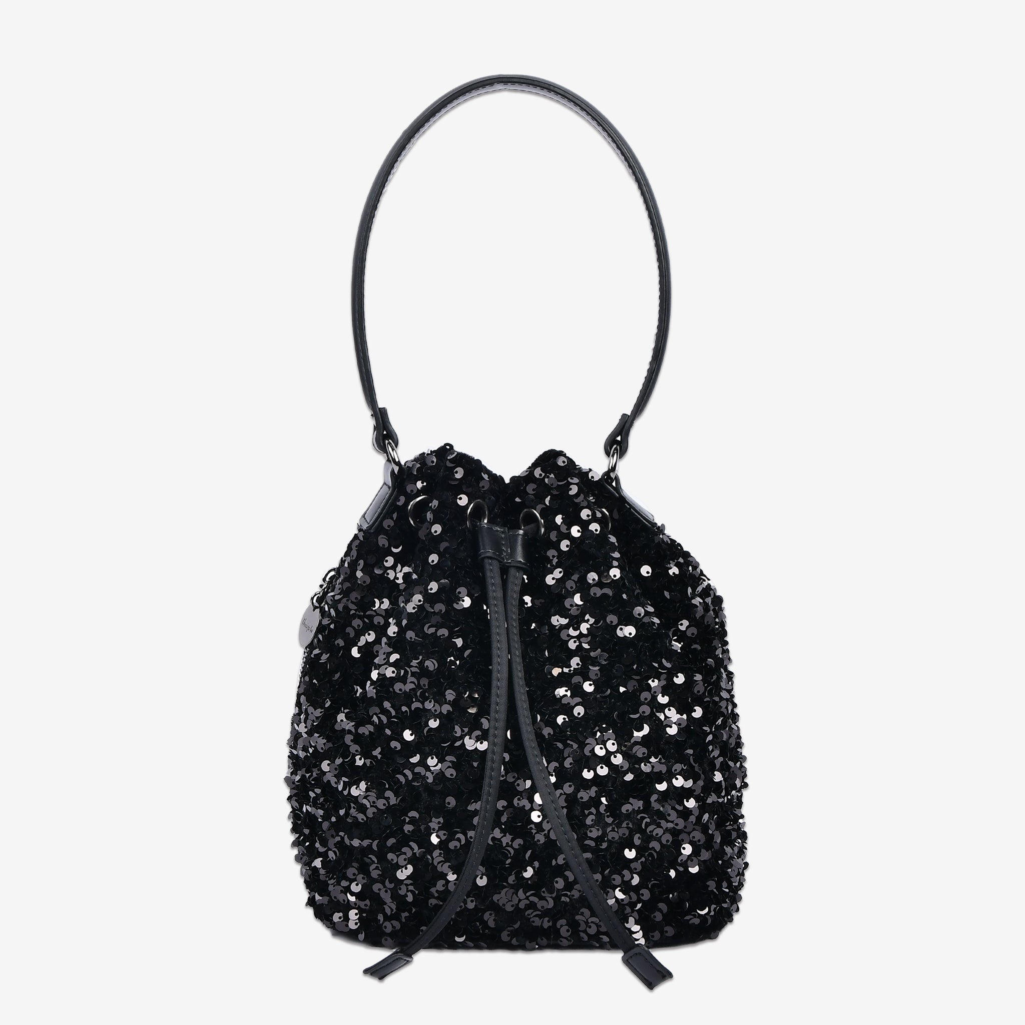 黒のスパンコール巾着バッグ 持ち手付き モード系デザイン