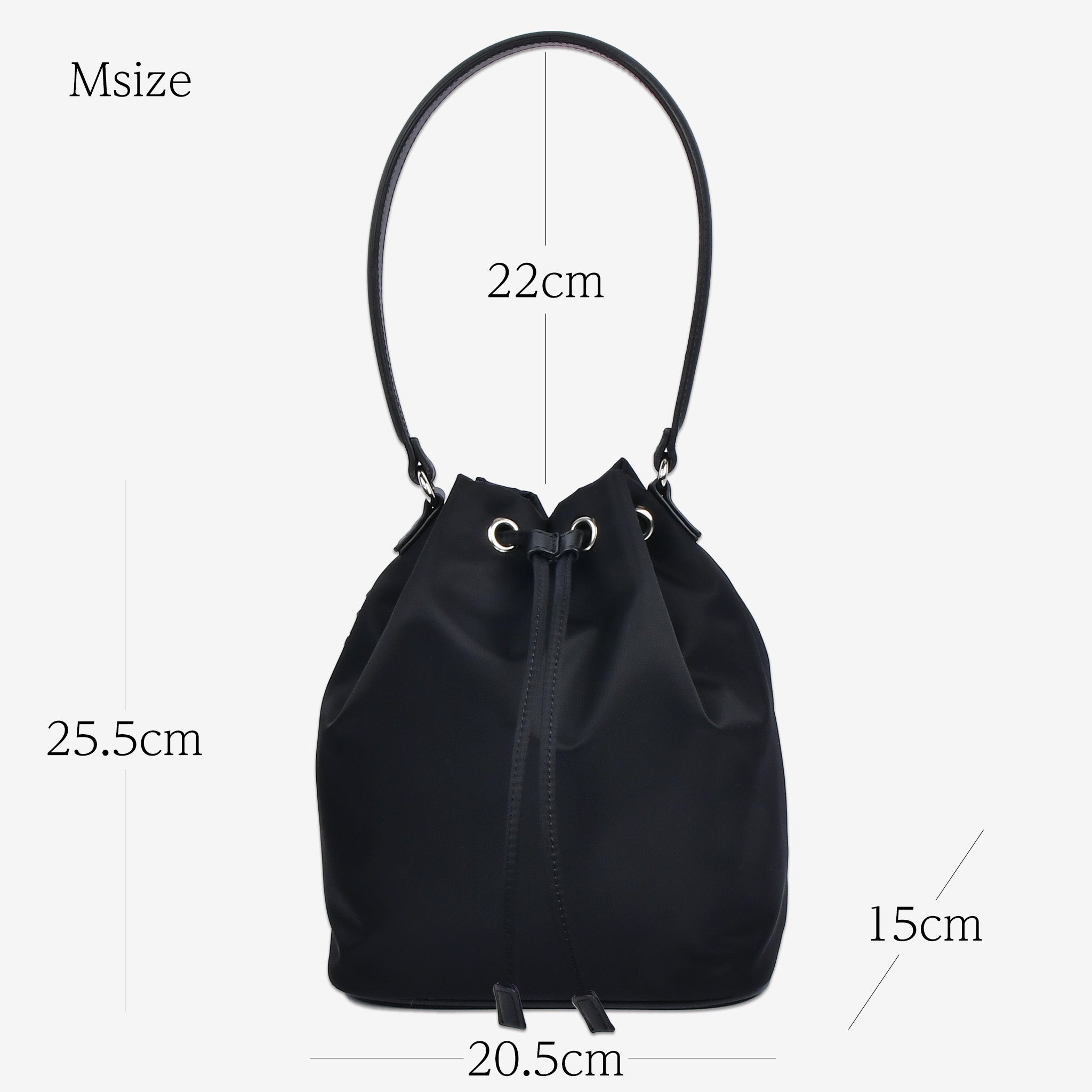 黒ナイロン巾着バッグMサイズ 寸法付きサイズ説明画像