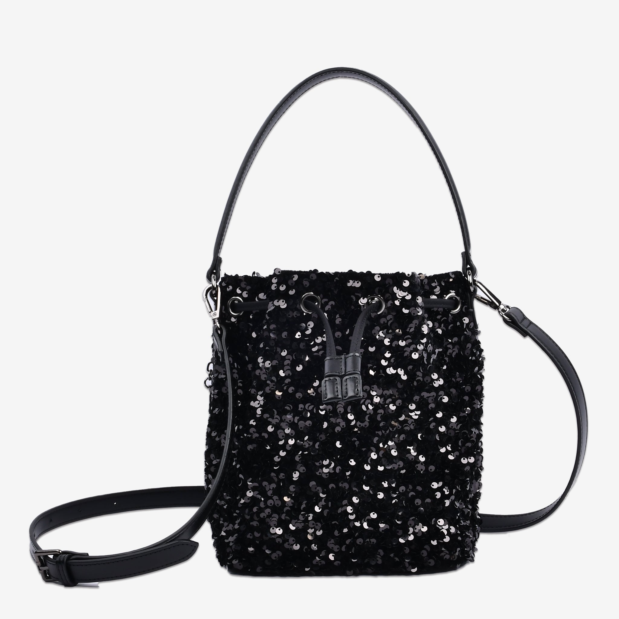 黒スパンコール巾着バッグ 3way仕様 ショルダーストラップ付き